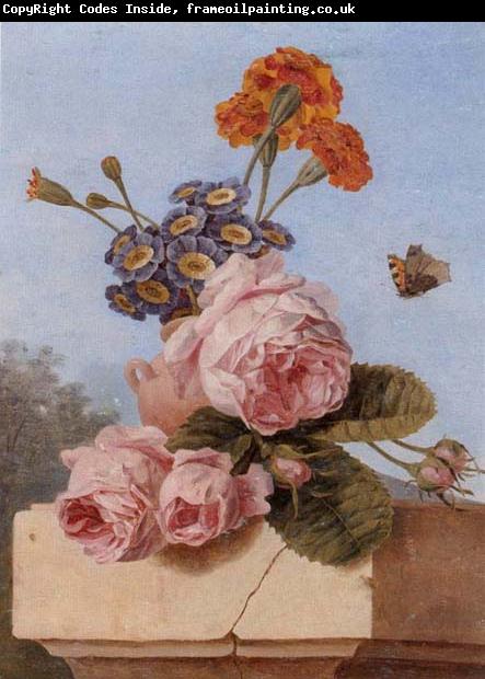 unknow artist Still life of roses,carnations and polyanthers in a terracotta urn,upon a stone ledge,together with a tortoiseshell butterfly
